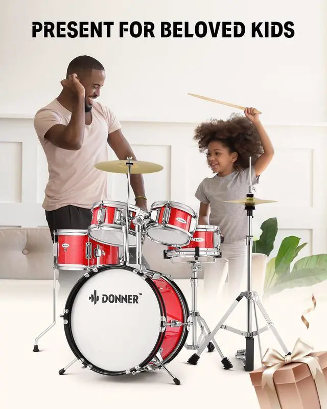 Alt view image 2 of 7 - Kids Drum Sets 5-Piece for Beginners,14 inch Junior Drum Kit, with Adjustable Throne, Cymbal, Hi-Hat, Pedal & Drumstick-Red