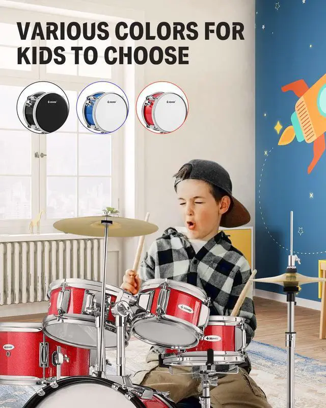 Alt view image 6 of 7 - Kids Drum Sets 5-Piece for Beginners,14 inch Junior Drum Kit, with Adjustable Throne, Cymbal, Hi-Hat, Pedal & Drumstick-Red