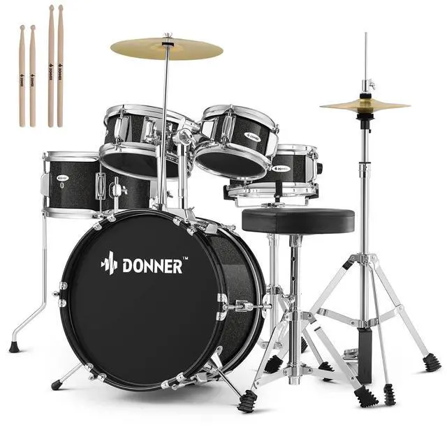 Main image of Kid Drum Sets- 5-Piece for Beginners, 14 inch Full Size Complete Junior Drum Kit with Adjustable Throne, Cymbal, Hi-Hat, Pedal & Drumstick, Metallic Black