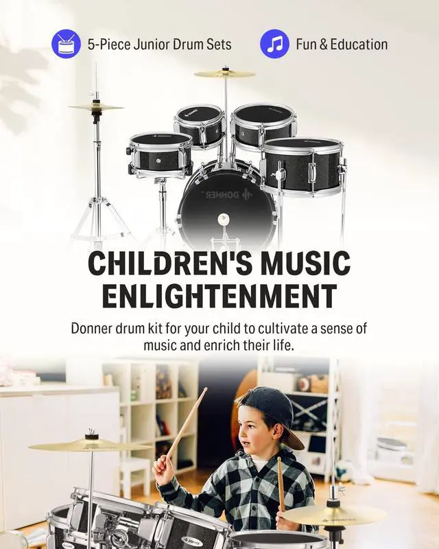 Alt view image 2 of 7 - Kid Drum Sets- 5-Piece for Beginners, 14 inch Full Size Complete Junior Drum Kit with Adjustable Throne, Cymbal, Hi-Hat, Pedal & Drumstick, Metallic Black