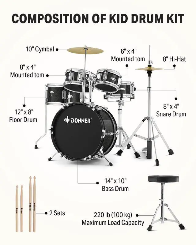 Alt view image 3 of 7 - Kid Drum Sets- 5-Piece for Beginners, 14 inch Full Size Complete Junior Drum Kit with Adjustable Throne, Cymbal, Hi-Hat, Pedal & Drumstick, Metallic Black