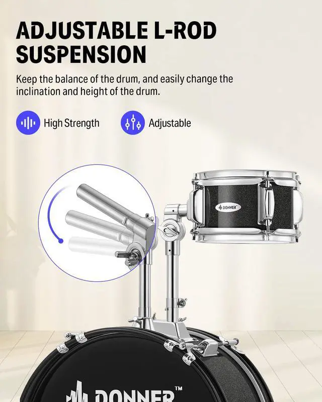 Alt view image 4 of 7 - Kid Drum Sets- 5-Piece for Beginners, 14 inch Full Size Complete Junior Drum Kit with Adjustable Throne, Cymbal, Hi-Hat, Pedal & Drumstick, Metallic Black