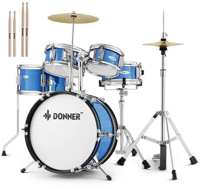 Main image of Kids Drum Sets- 5-Piece for Beginners,14 inch Junior Drum Kit, with Adjustable Throne, Cymbal, Hi-Hat, Pedal & Drumstick, Present for Child-Blue