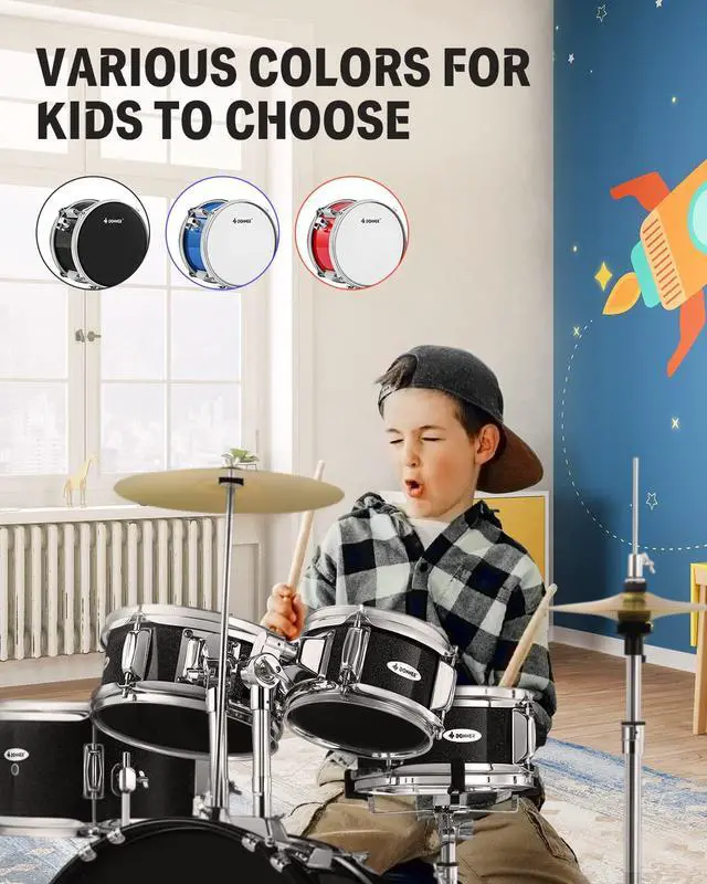 Alt view image 7 of 7 - Kid Drum Sets- 5-Piece for Beginners, 14 inch Full Size Complete Junior Drum Kit with Adjustable Throne, Cymbal, Hi-Hat, Pedal & Drumstick, Metallic Black