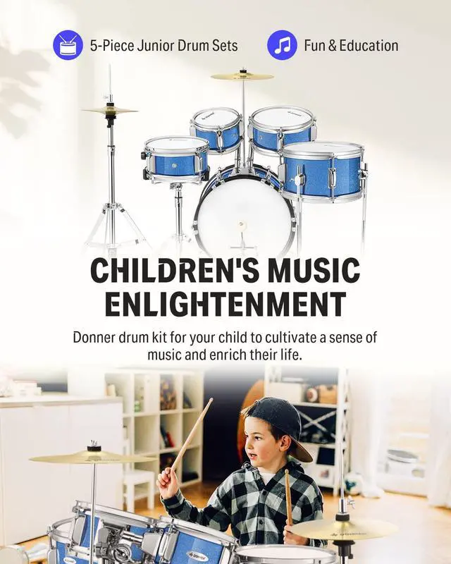 Alt view image 2 of 7 - Kids Drum Sets- 5-Piece for Beginners,14 inch Junior Drum Kit, with Adjustable Throne, Cymbal, Hi-Hat, Pedal & Drumstick, Present for Child-Blue