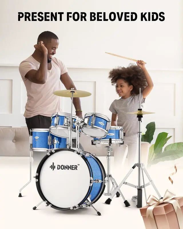 Alt view image 3 of 7 - Kids Drum Sets- 5-Piece for Beginners,14 inch Junior Drum Kit, with Adjustable Throne, Cymbal, Hi-Hat, Pedal & Drumstick, Present for Child-Blue