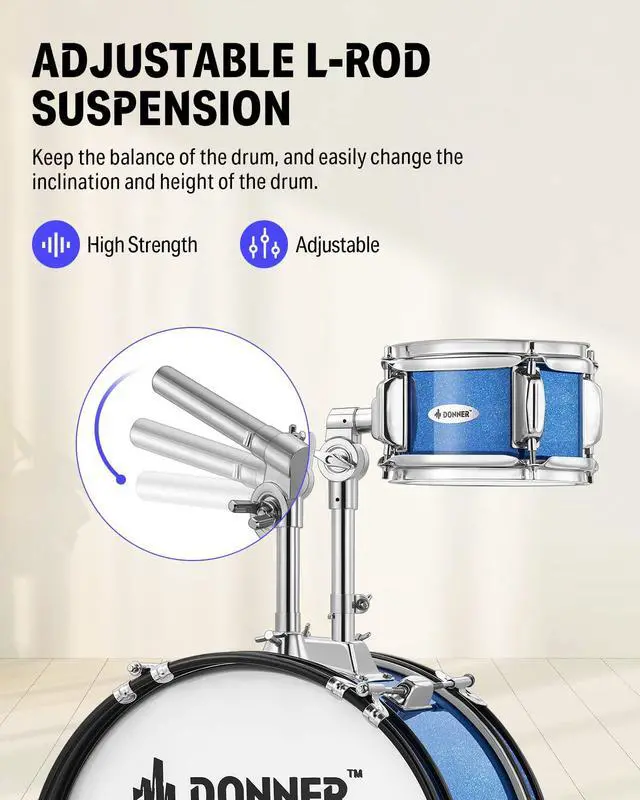 Alt view image 4 of 7 - Kids Drum Sets- 5-Piece for Beginners,14 inch Junior Drum Kit, with Adjustable Throne, Cymbal, Hi-Hat, Pedal & Drumstick, Present for Child-Blue