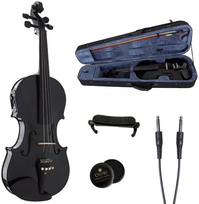 Main image of 4/4 Full Size Acoustic & Electric Violin for Beginners & Professionals, Hand-Carved Solid Spruce Top, Ebony Fine Tuners, Full Set with Case, Bow, Rosin & AUX Cable (Metallic Black)