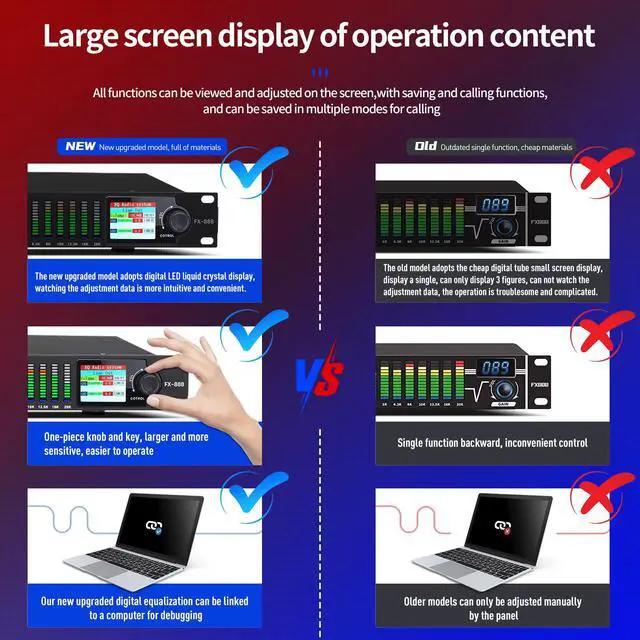 Alt view image 2 of 7 - FX-888 Dual channel synchronized control 31-Band Digital equalizer Stereo Graphic EQ Noise Reduction Each segment with LED Spectrum Display Operation Content display large screen