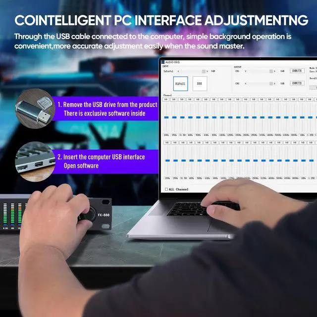 Alt view image 3 of 7 - FX-888 Dual channel synchronized control 31-Band Digital equalizer Stereo Graphic EQ Noise Reduction Each segment with LED Spectrum Display Operation Content display large screen