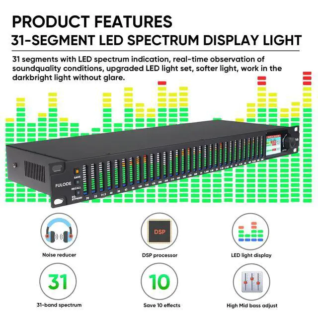 Alt view image 4 of 7 - FX-888 Dual channel synchronized control 31-Band Digital equalizer Stereo Graphic EQ Noise Reduction Each segment with LED Spectrum Display Operation Content display large screen