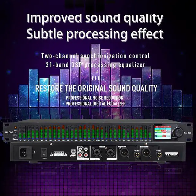 Alt view image 7 of 7 - FX-888 Dual channel synchronized control 31-Band Digital equalizer Stereo Graphic EQ Noise Reduction Each segment with LED Spectrum Display Operation Content display large screen