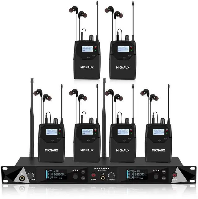 Main image of Wireless in Ear Monitor System, 2 Channel UHF Pro Mono IEM System for Singer Musicians, 2x40 Frequencies, 330ft Range, Rack Mount Transmitter and Bodypacks Receiver for Band, Studio (6 Pack)