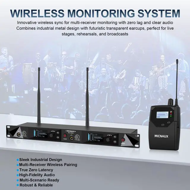 Alt view image 2 of 7 - Wireless in Ear Monitor System, 2 Channel UHF Pro Mono IEM System for Singer Musicians, 2x40 Frequencies, 330ft Range, Rack Mount Transmitter and Bodypacks Receiver for Band, Studio (6 Pack)