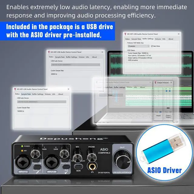Alt view image 2 of 7 - USB Audio Interface with ASIO Drivers, 24Bit 192Khz, Phantom Power +48v, Low Latency for Home Studio Recording, PC/MAC Compatible (2 CHANNEL)
