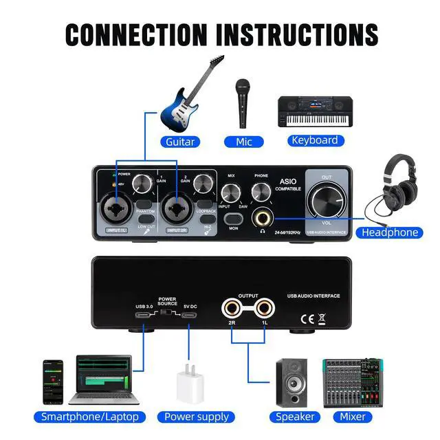 Alt view image 5 of 7 - USB Audio Interface with ASIO Drivers, 24Bit 192Khz, Phantom Power +48v, Low Latency for Home Studio Recording, PC/MAC Compatible (2 CHANNEL)