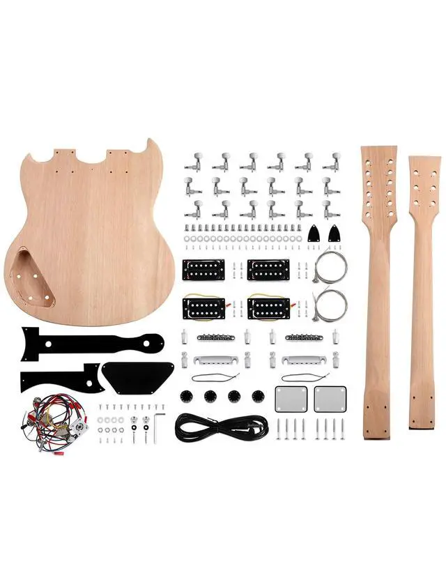 Alt view image 2 of 7 - DIY Electric Guitar Kit Double Neck 12 String Beginner Guitar Kit | Mahogany Body, Mahogany Neck, Rosewood Fretboard, Right Handed, Chrome Hardware, Build Your Own Guitar