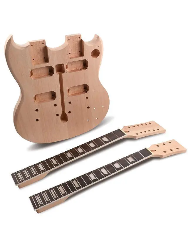 Alt view image 3 of 7 - DIY Electric Guitar Kit Double Neck 12 String Beginner Guitar Kit | Mahogany Body, Mahogany Neck, Rosewood Fretboard, Right Handed, Chrome Hardware, Build Your Own Guitar
