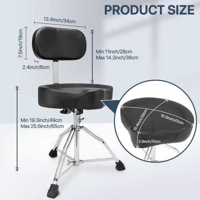 Alt view image 2 of 7 - Saddle Drum Throne with Backrest - Heavy Duty 330 lbs Drum Stool | Adjustable Ergonomic Drum Chair with Motorcycle Style Drum Seat, with 2 Pairs 5A Drumsticks & Drum Key for Adult Drummers