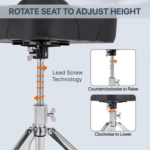Alt view image 3 of 7 - Saddle Drum Throne with Backrest - Heavy Duty 330 lbs Drum Stool | Adjustable Ergonomic Drum Chair with Motorcycle Style Drum Seat, with 2 Pairs 5A Drumsticks & Drum Key for Adult Drummers