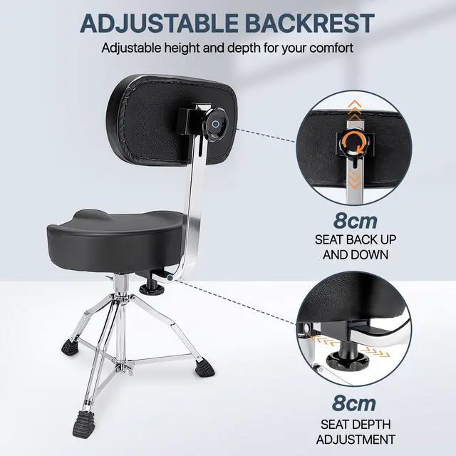 Alt view image 4 of 7 - Saddle Drum Throne with Backrest - Heavy Duty 330 lbs Drum Stool | Adjustable Ergonomic Drum Chair with Motorcycle Style Drum Seat, with 2 Pairs 5A Drumsticks & Drum Key for Adult Drummers
