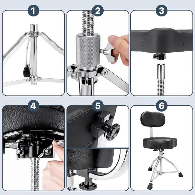Alt view image 7 of 7 - Saddle Drum Throne with Backrest - Heavy Duty 330 lbs Drum Stool | Adjustable Ergonomic Drum Chair with Motorcycle Style Drum Seat, with 2 Pairs 5A Drumsticks & Drum Key for Adult Drummers