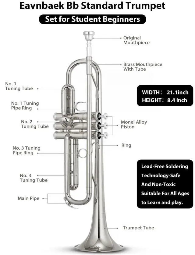 Alt view image 2 of 7 - Bb Standard Trumpet Instrument Brass Student Trompeta Trumpet Set | Protable Hard Case Cleaning Kit 7C Mouthpiece and Gloves, School Band Approved Practice Trumpet Kit For Student Beginners