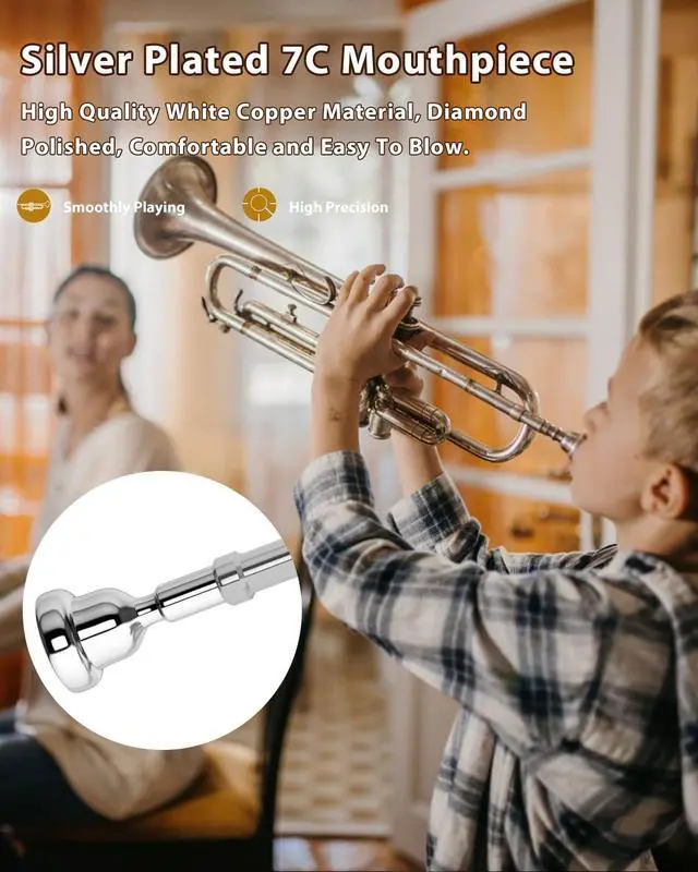 Alt view image 5 of 7 - Bb Standard Trumpet Instrument Brass Student Trompeta Trumpet Set | Protable Hard Case Cleaning Kit 7C Mouthpiece and Gloves, School Band Approved Practice Trumpet Kit For Student Beginners
