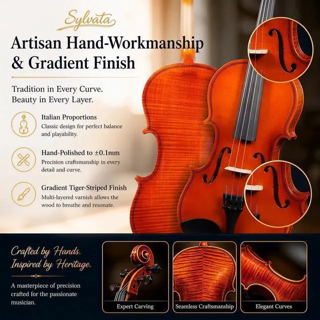 Alt view image 3 of 7 - 4/4 Full Size Violin Starter Kit, Acoustic Fiddle for Beginners & Students, Tiger-Striped Violin 4/4 Full Size with Ebony Fittings, Includes Alice Bow, 2 Bridges, Tuner, and Case