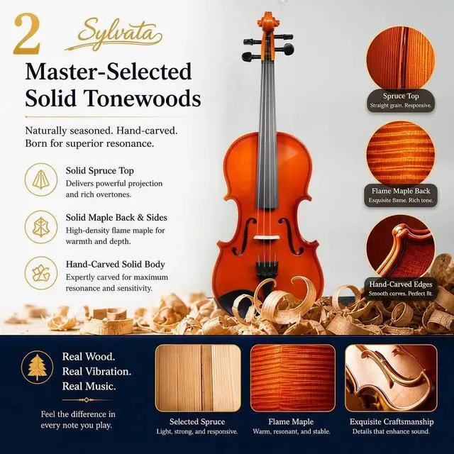 Alt view image 2 of 7 - 4/4 Full Size Violin Starter Kit, Acoustic Fiddle for Beginners & Students, Tiger-Striped Violin 4/4 Full Size with Ebony Fittings, Includes Alice Bow, 2 Bridges, Tuner, and Case