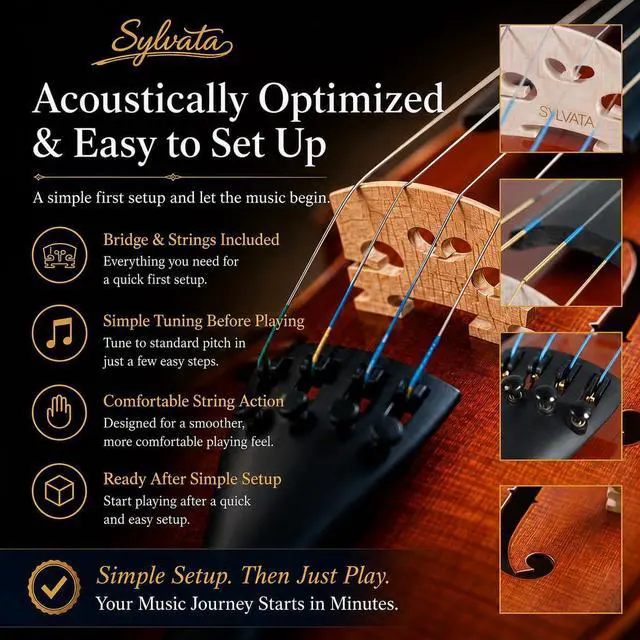 Alt view image 4 of 7 - 4/4 Full Size Violin Starter Kit, Acoustic Fiddle for Beginners & Students, Tiger-Striped Violin 4/4 Full Size with Ebony Fittings, Includes Alice Bow, 2 Bridges, Tuner, and Case
