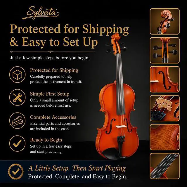 Alt view image 5 of 7 - 4/4 Full Size Violin Starter Kit, Acoustic Fiddle for Beginners & Students, Tiger-Striped Violin 4/4 Full Size with Ebony Fittings, Includes Alice Bow, 2 Bridges, Tuner, and Case