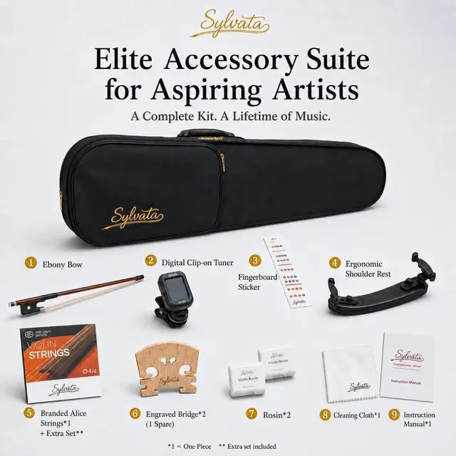 Alt view image 6 of 7 - 4/4 Full Size Violin Starter Kit, Acoustic Fiddle for Beginners & Students, Tiger-Striped Violin 4/4 Full Size with Ebony Fittings, Includes Alice Bow, 2 Bridges, Tuner, and Case