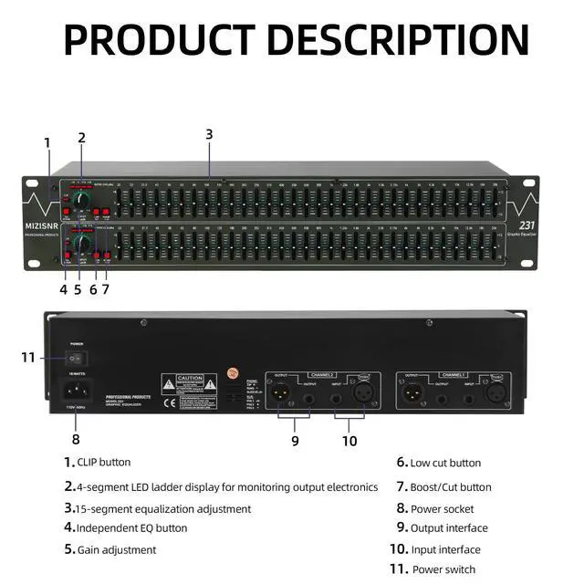 Alt view image 7 of 7 - Graphic Equalizer 31-Band Stereo EQ for Home Audio, Dual Channel Professional DJ Equalizer (EQ-231)