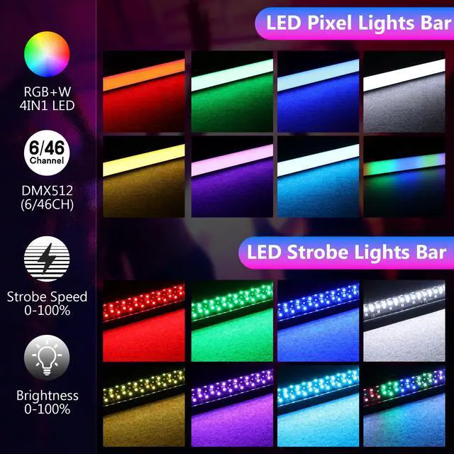 Alt view image 3 of 7 - LED Stage Lights Bar,4Pack 108LEDs RGB+W DMX Lights Bar with Detachable Cover 2IN1 Pixel&Strobe Uplights Strip by Remote Control DMX512 Sound Activated for DJ Party Wedding Stage Gig Club