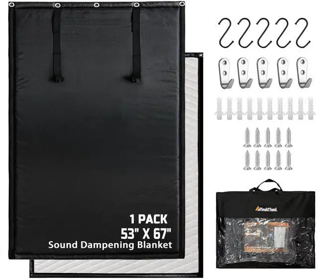 Main image of Soundproof Curtains 53" x 67" Acoustic Sound Barrier Dampening Blanket for Doors & Windows, Noise Blocking Blackout Curtain, Use for Recording Studio Home Office,Black