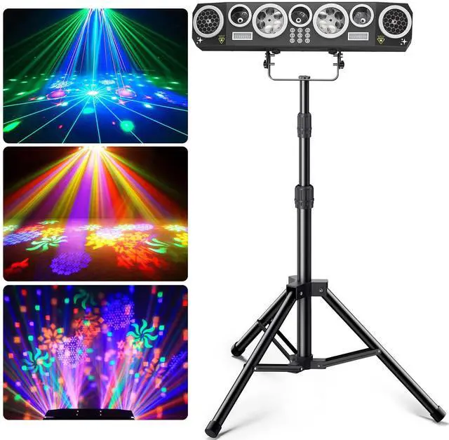 Main image of All-in-One DJ Light with Stand, Rotating Multi-Beam Effects | 50+ Laser Lights, 180° Wide-angle Bee-eye Effects, 63 RGBWA+UV Strobes, DMX512, Remote and Sound Activation for Club, Party