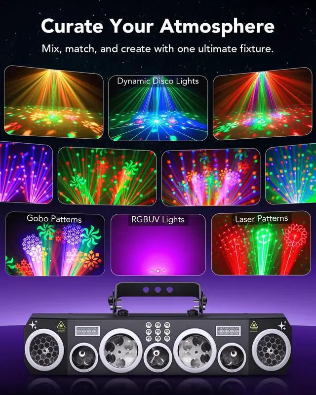 Alt view image 2 of 7 - All-in-One DJ Light with Stand, Rotating Multi-Beam Effects | 50+ Laser Lights, 180° Wide-angle Bee-eye Effects, 63 RGBWA+UV Strobes, DMX512, Remote and Sound Activation for Club, Party