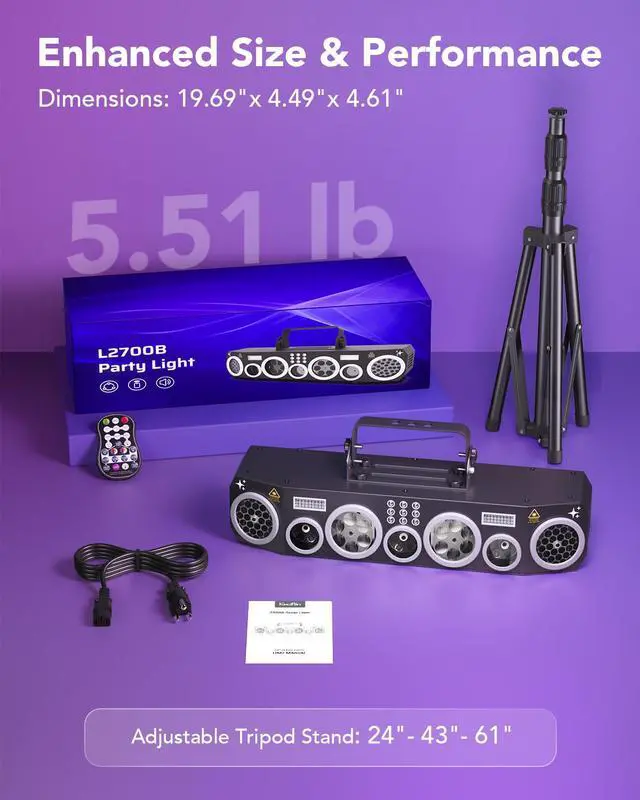 Alt view image 7 of 7 - All-in-One DJ Light with Stand, Rotating Multi-Beam Effects | 50+ Laser Lights, 180° Wide-angle Bee-eye Effects, 63 RGBWA+UV Strobes, DMX512, Remote and Sound Activation for Club, Party