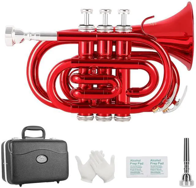 Main image of Pocket Trumpet Brass Bb Mini Trumpet with 7 C Mouthpiece, Hard Case, Strap, White Gloves, Cleaning Kit for Students and Beginners(Red)