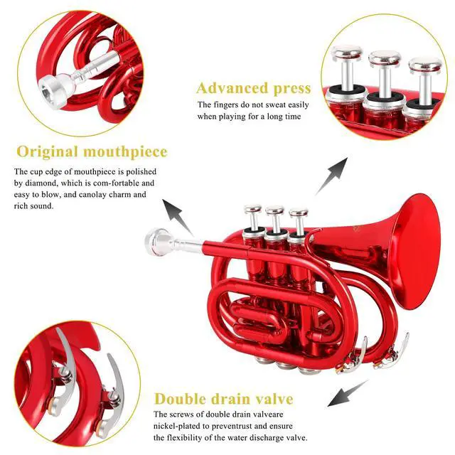 Alt view image 2 of 7 - Pocket Trumpet Brass Bb Mini Trumpet with 7 C Mouthpiece, Hard Case, Strap, White Gloves, Cleaning Kit for Students and Beginners(Red)