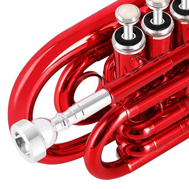 Alt view image 5 of 7 - Pocket Trumpet Brass Bb Mini Trumpet with 7 C Mouthpiece, Hard Case, Strap, White Gloves, Cleaning Kit for Students and Beginners(Red)