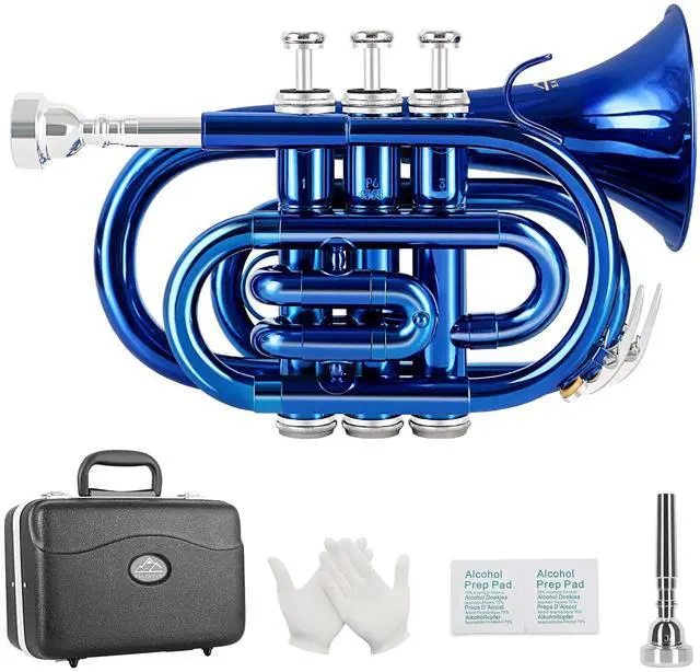 Main image of Pocket Trumpet Brass Bb Trumpet with 7C Mouthpiece, Hard Case, Strap, Gloves, Cleaning Kit for Students Beginners(Blue)