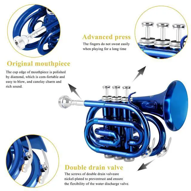 Alt view image 2 of 7 - Pocket Trumpet Brass Bb Trumpet with 7C Mouthpiece, Hard Case, Strap, Gloves, Cleaning Kit for Students Beginners(Blue)