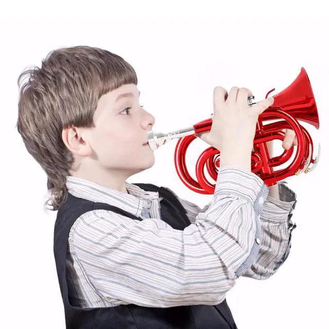 Alt view image 7 of 7 - Pocket Trumpet Brass Bb Mini Trumpet with 7 C Mouthpiece, Hard Case, Strap, White Gloves, Cleaning Kit for Students and Beginners(Red)