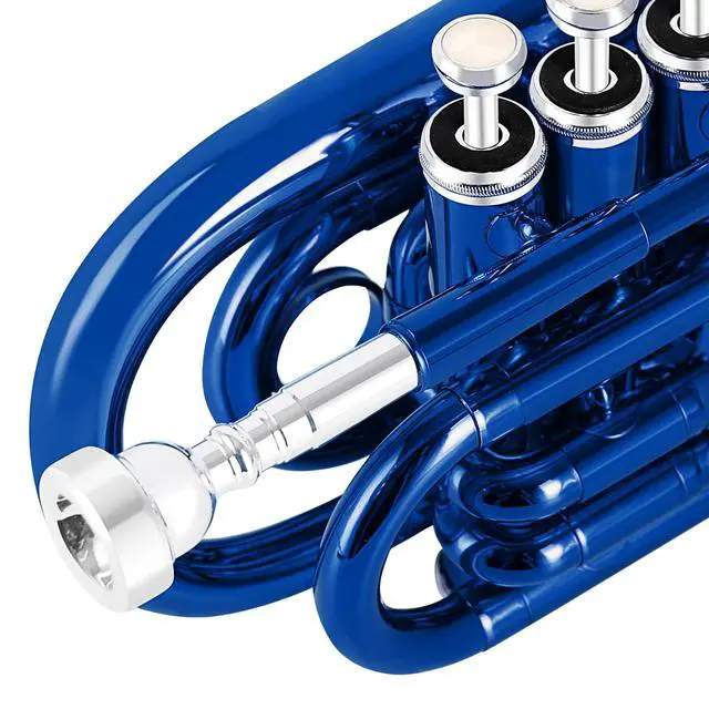 Alt view image 5 of 7 - Pocket Trumpet Brass Bb Trumpet with 7C Mouthpiece, Hard Case, Strap, Gloves, Cleaning Kit for Students Beginners(Blue)
