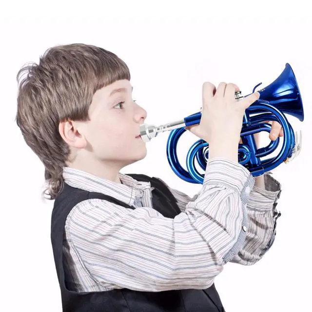 Alt view image 7 of 7 - Pocket Trumpet Brass Bb Trumpet with 7C Mouthpiece, Hard Case, Strap, Gloves, Cleaning Kit for Students Beginners(Blue)