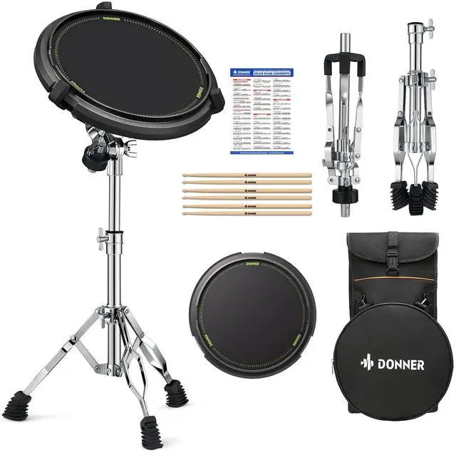 Main image of Drum Practice Kit - Snare Stand + 12'' Marching Pad, Drumsticks, Backpack - Fits 10''-14'' Drums (Black)