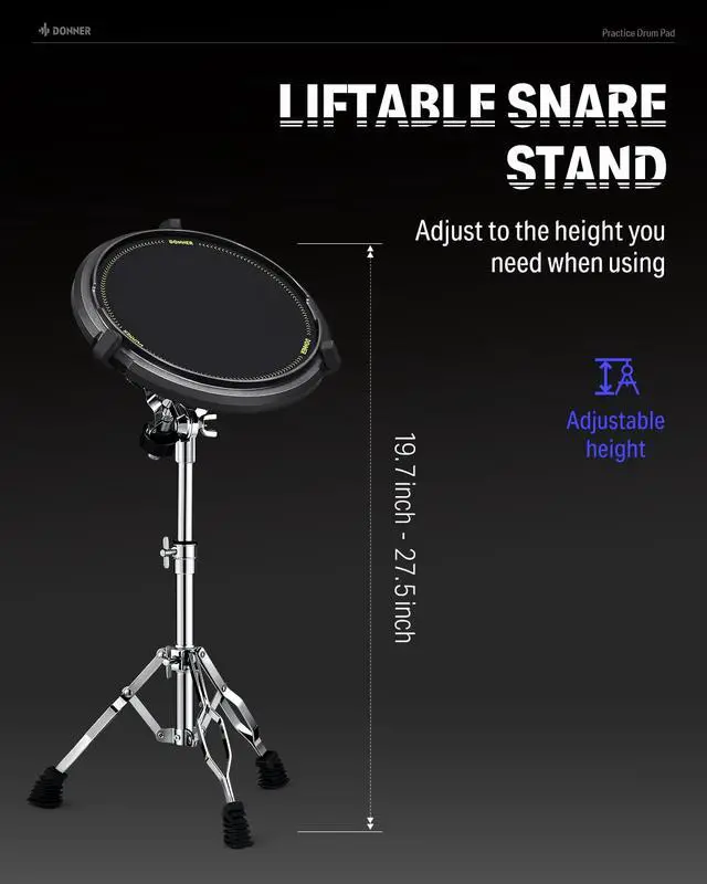 Alt view image 5 of 7 - Drum Practice Kit - Snare Stand + 12'' Marching Pad, Drumsticks, Backpack - Fits 10''-14'' Drums (Black)