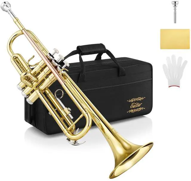 Main image of ETR-390 Standard B Flat Trumpet for Beginners Intermediate, Advanced Upgraded Trumpet Instrument with Hard Case, Cleaning Kit, 7C Mouthpiece, Gloves, Golden